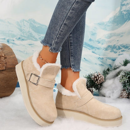 Winter Buckle Schneestiefel Mode Flache Dicke Sohle Baumwollschuhe Runde Zehen Plus-Velours Warme Knöchelstiefel für Damen