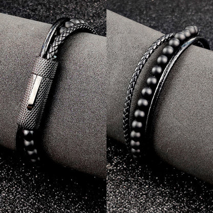 Herren-Armband aus Edelstahl mit schwarzem Lederdesign