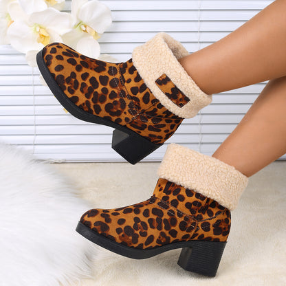 Leopard Print Winterstiefeletten für Damen, Mittelhohe Stiefel mit Dickem Absatz