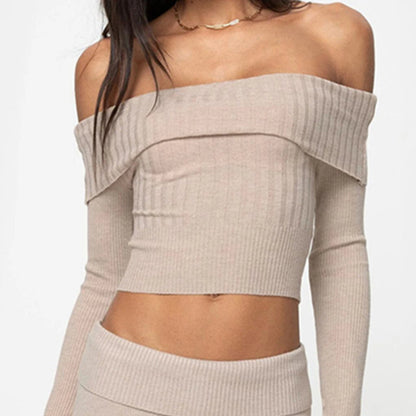 Boat Neck Langarm Strickpullover Off-Shoulder Crop Top