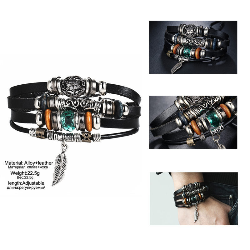 Kreatives Punk-Armband aus Kunstleder mit Blätter-Design und Blauen Perlen – Vintage für Männer