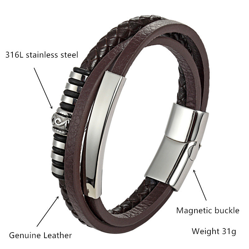 Herren Edelstahl Lederarmband – Handgewebt