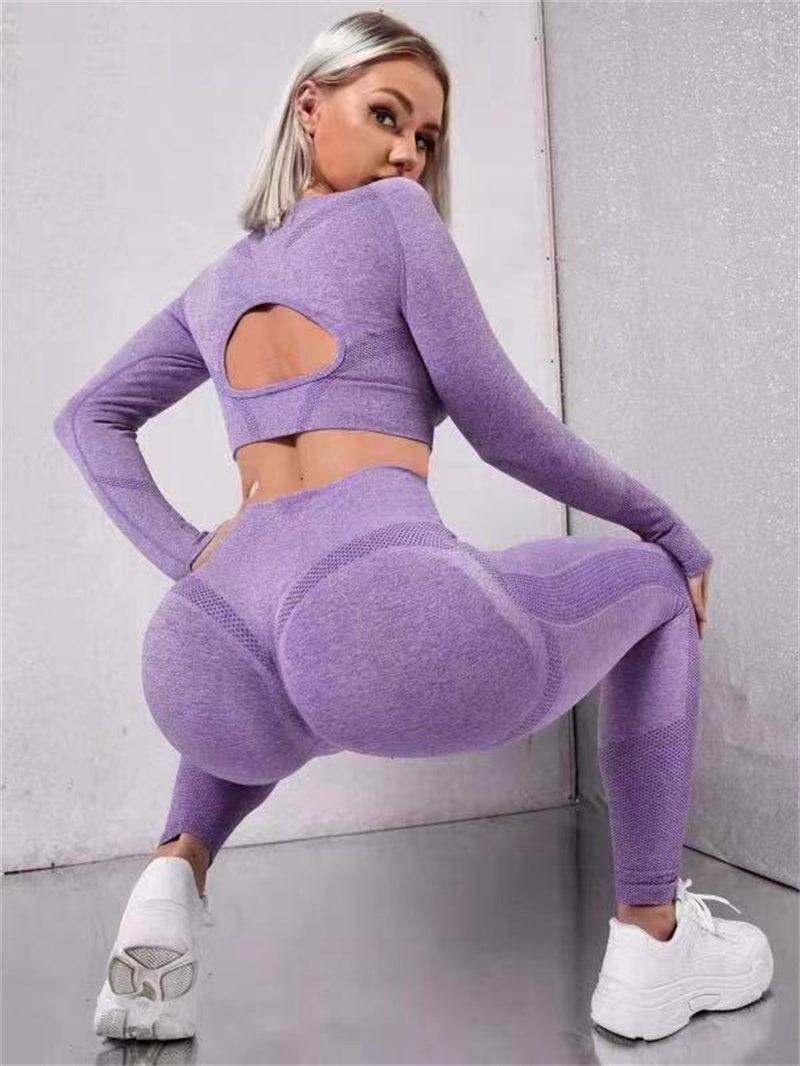 2-teiliges Sport-Set: Langarm-Oberteil mit Cut-Outs & Butt-Lifting-Nahtlose Leggings