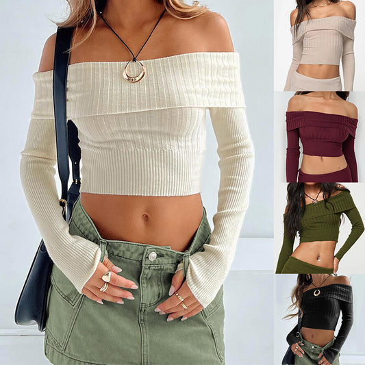 Boat Neck Langarm Strickpullover Off-Shoulder Crop Top