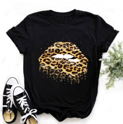 Leopardenmuster-Lippen-Print T-Shirt – Sommerliches Damen-Shirt im Western-Sti