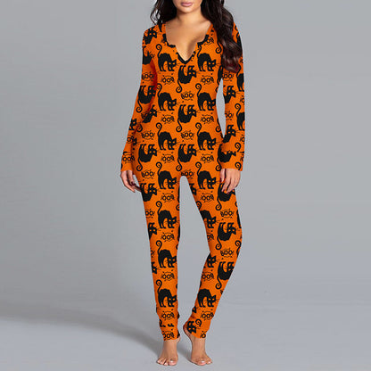 Halloween Bedruckter Overall für Damen – Langarm Home-Pyjama und Cosplay-Outfit