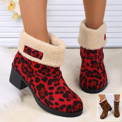 Leopard Print Winterstiefeletten für Damen, Mittelhohe Stiefel mit Dickem Absatz