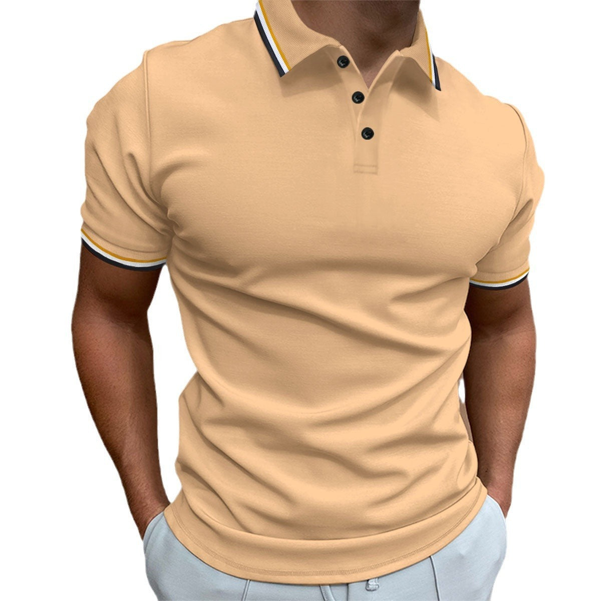 Herren Slim Poloshirt Rippenmuster Gestreiftes T-Shirt Top