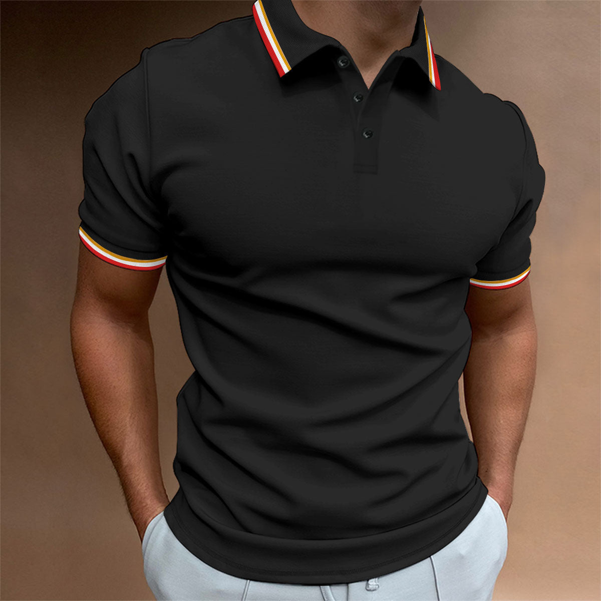 Herren Slim Poloshirt Rippenmuster Gestreiftes T-Shirt Top