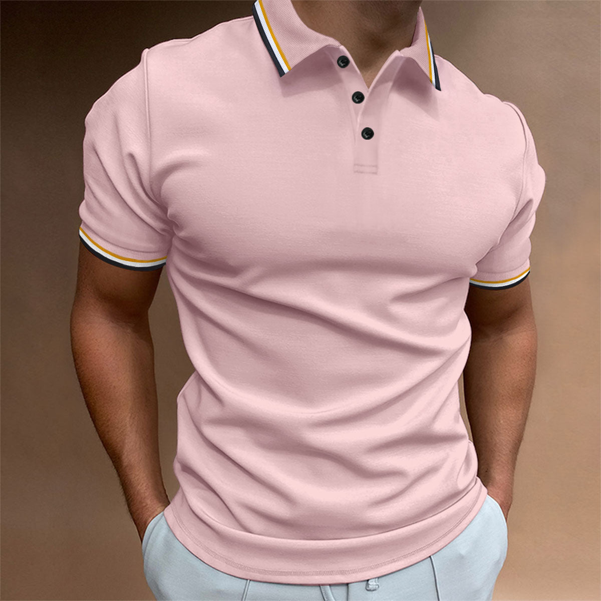 Herren Slim Poloshirt Rippenmuster Gestreiftes T-Shirt Top