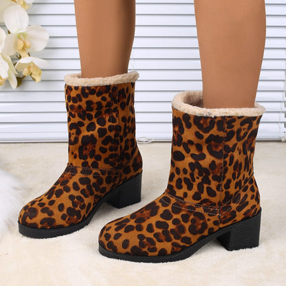 Leopard Print Winterstiefeletten für Damen, Mittelhohe Stiefel mit Dickem Absatz