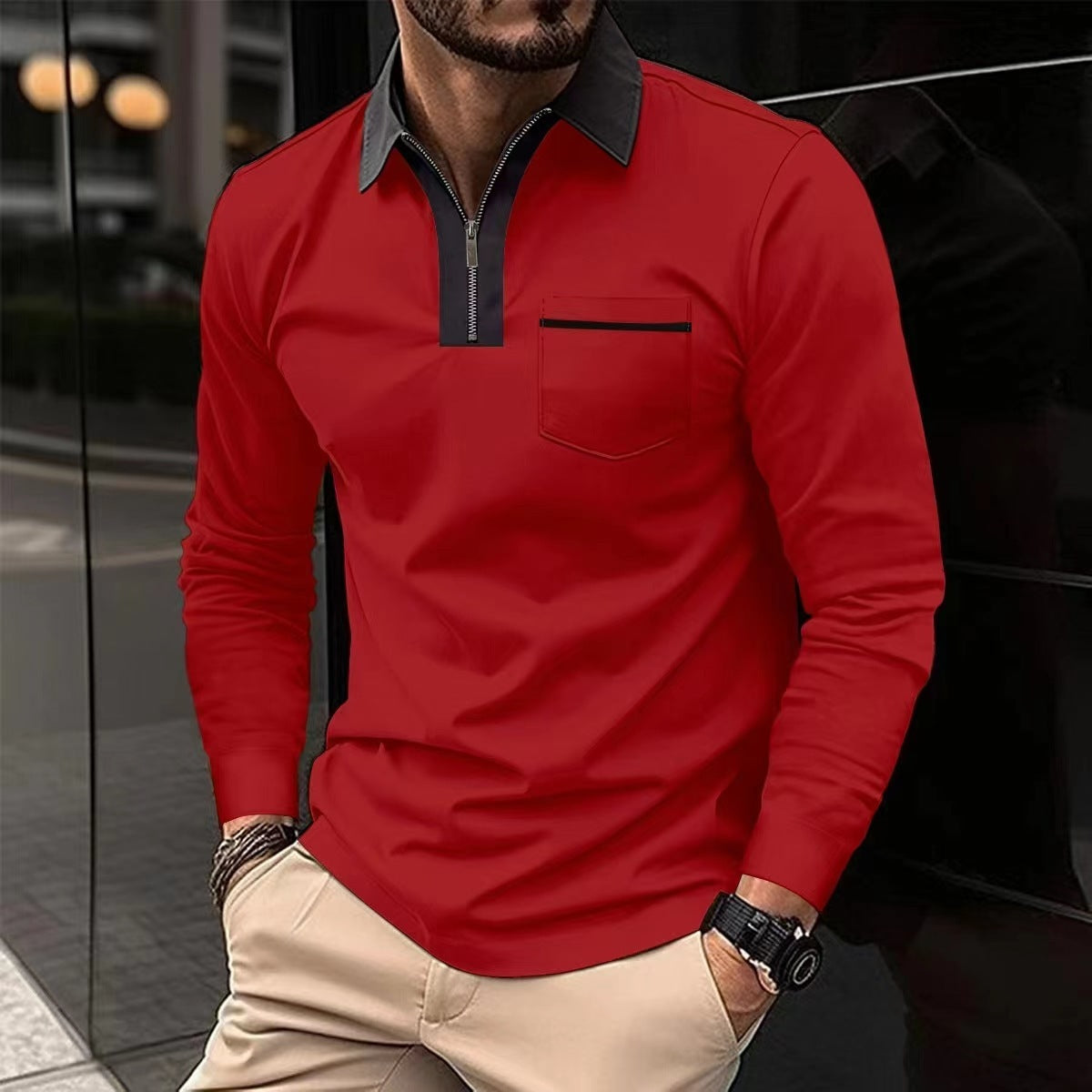 Herbst Herren Langarm Polo Shirt mit Reißverschluss – Freizeit, Golf & Tennis – Baumwollmischung mit Kragen und Taschen