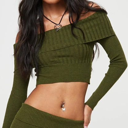 Boat Neck Langarm Strickpullover Off-Shoulder Crop Top