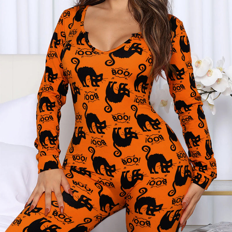 Halloween Bedruckter Overall für Damen – Langarm Home-Pyjama und Cosplay-Outfit