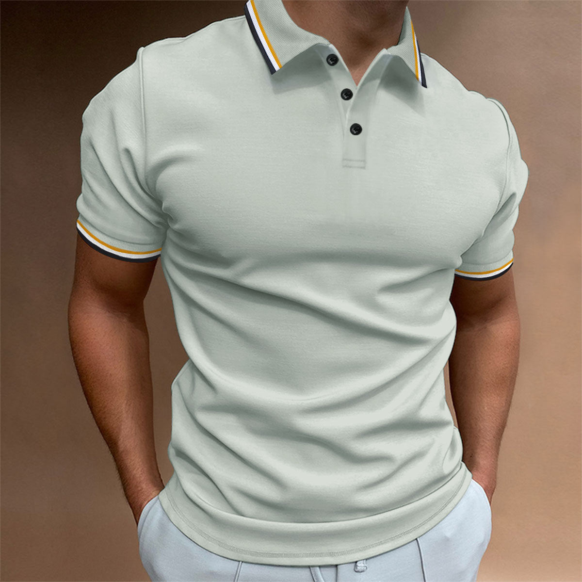 Herren Slim Poloshirt Rippenmuster Gestreiftes T-Shirt Top