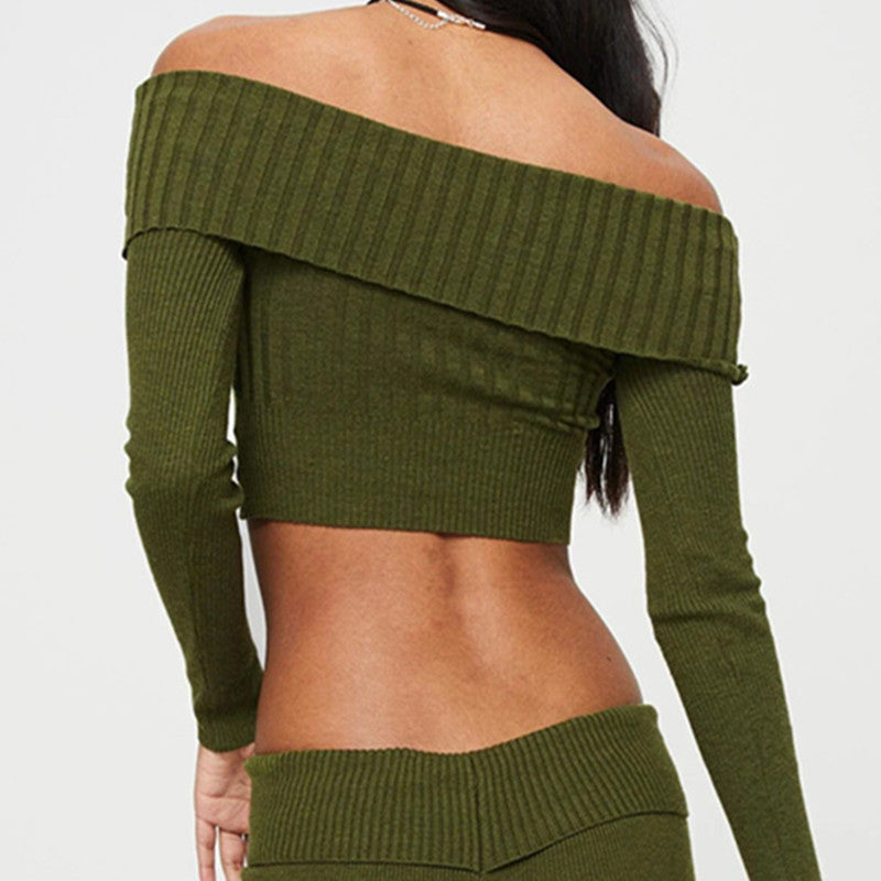 Boat Neck Langarm Strickpullover Off-Shoulder Crop Top