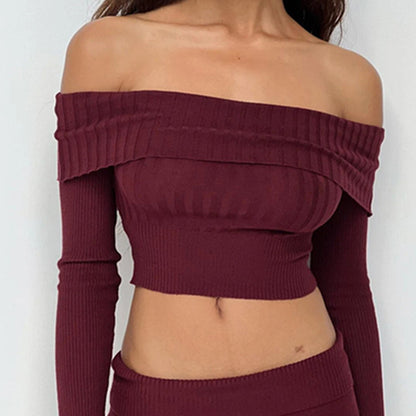 Boat Neck Langarm Strickpullover Off-Shoulder Crop Top