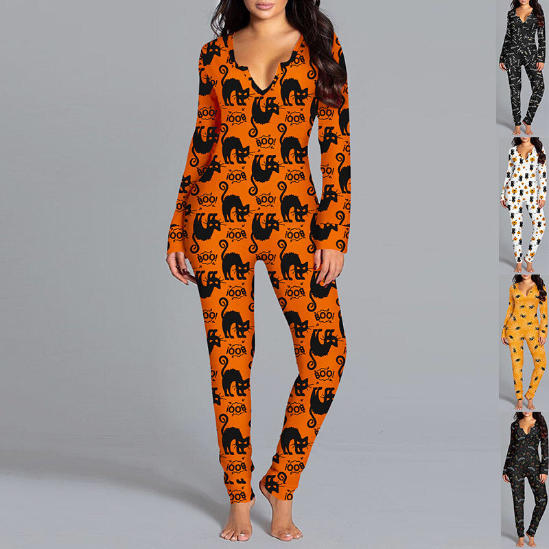 Halloween Bedruckter Overall für Damen – Langarm Home-Pyjama und Cosplay-Outfit